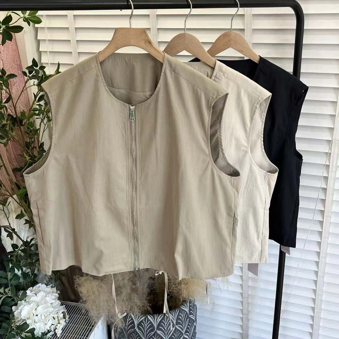 纯色宽松「圆领拉链叠穿」无袖工装马夹女E6151