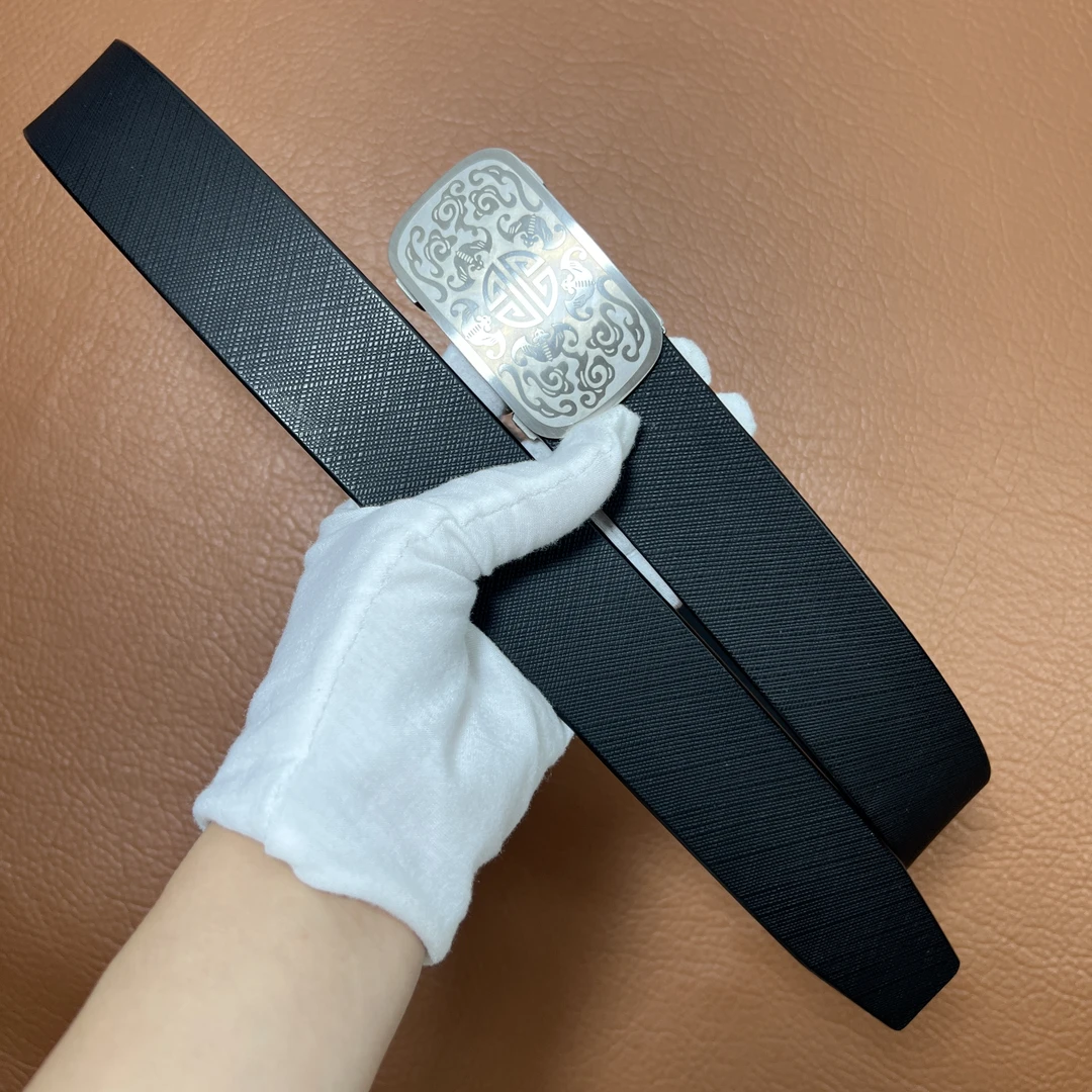 百搭休闲黑色牛皮腰带男皮带扣真皮五福无牙自动扣纯手工头层牛皮