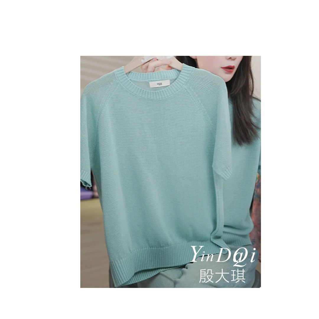 云山蓝~1833#短袖针织衫上衣女2025夏季薄款亚麻洋气简约百搭上衣