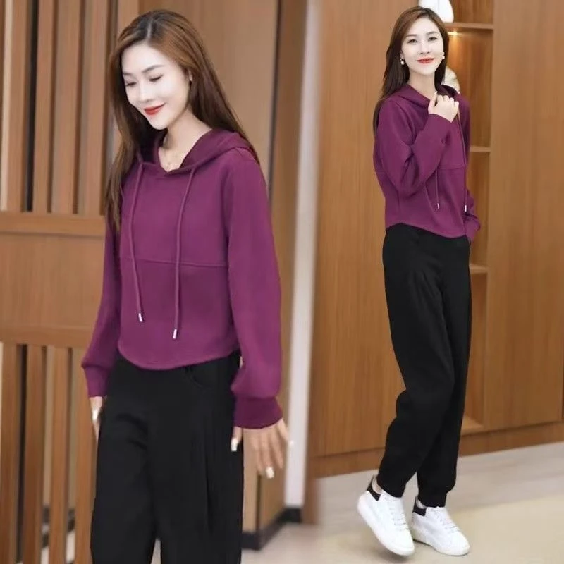 春秋季小个子短款长袖连帽卫衣女纯色新款不规则宽松百搭高腰上衣