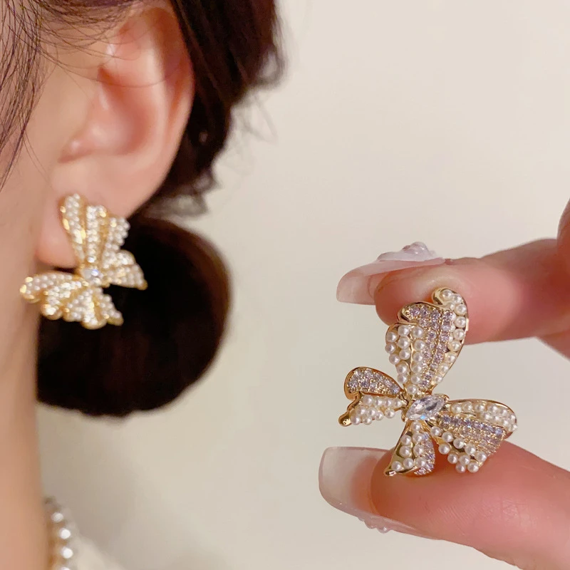 黄铜锆石耳饰 轻奢时尚温柔百搭镶钻珍珠蝴蝶耳环小众气质个性独