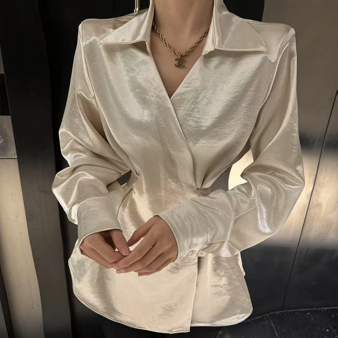 法式设计感V领交叉绑带收腰醋酸衬衫女早春时尚气质长袖衬衣