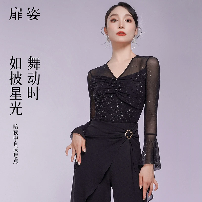 扉姿 摩登舞上衣女新款烫钻国标舞服装洋气跳舞衣服连体衣F1382