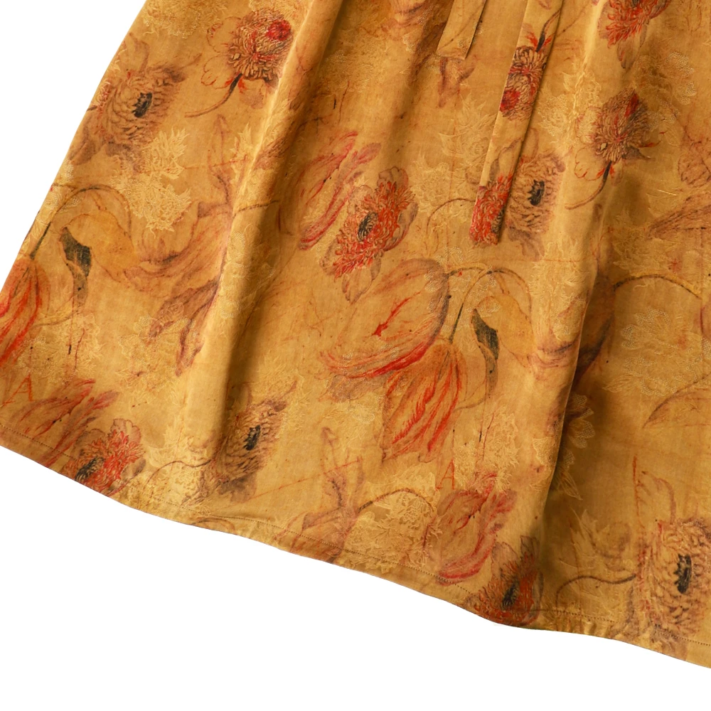 【含苞欲放】新款复古风圆领中袖系带收腰优雅印花真丝连衣裙526107