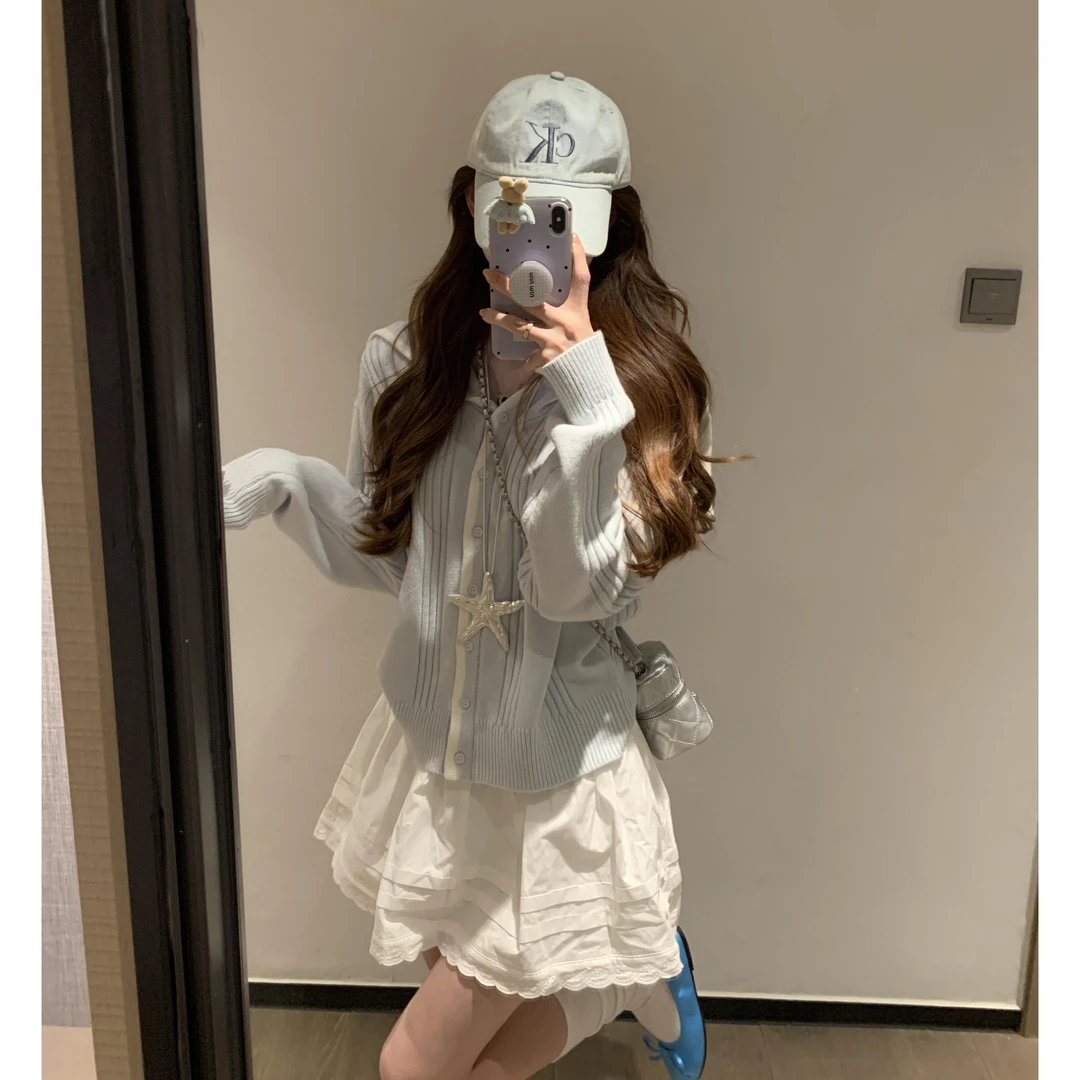 MARIE.COCO韩系蓝色针织开衫毛衣女春季新款温柔系半身裙两件套装