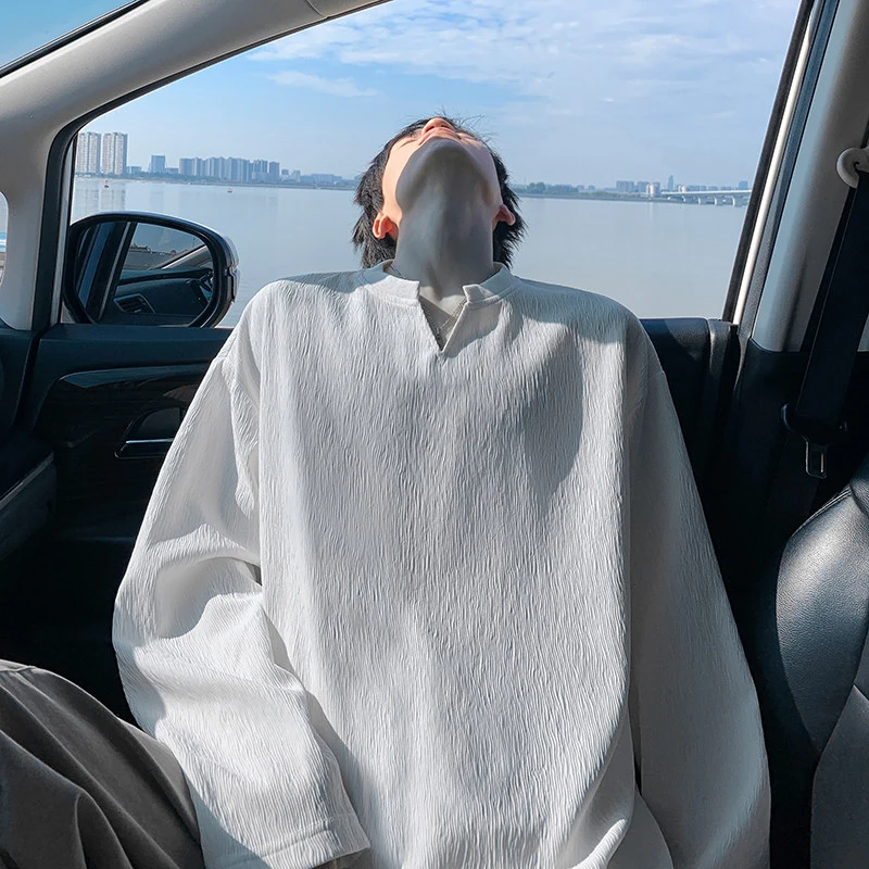 肌理感长袖t恤男士秋季新款小领口体恤衫宽松大码内搭打底衫上衣