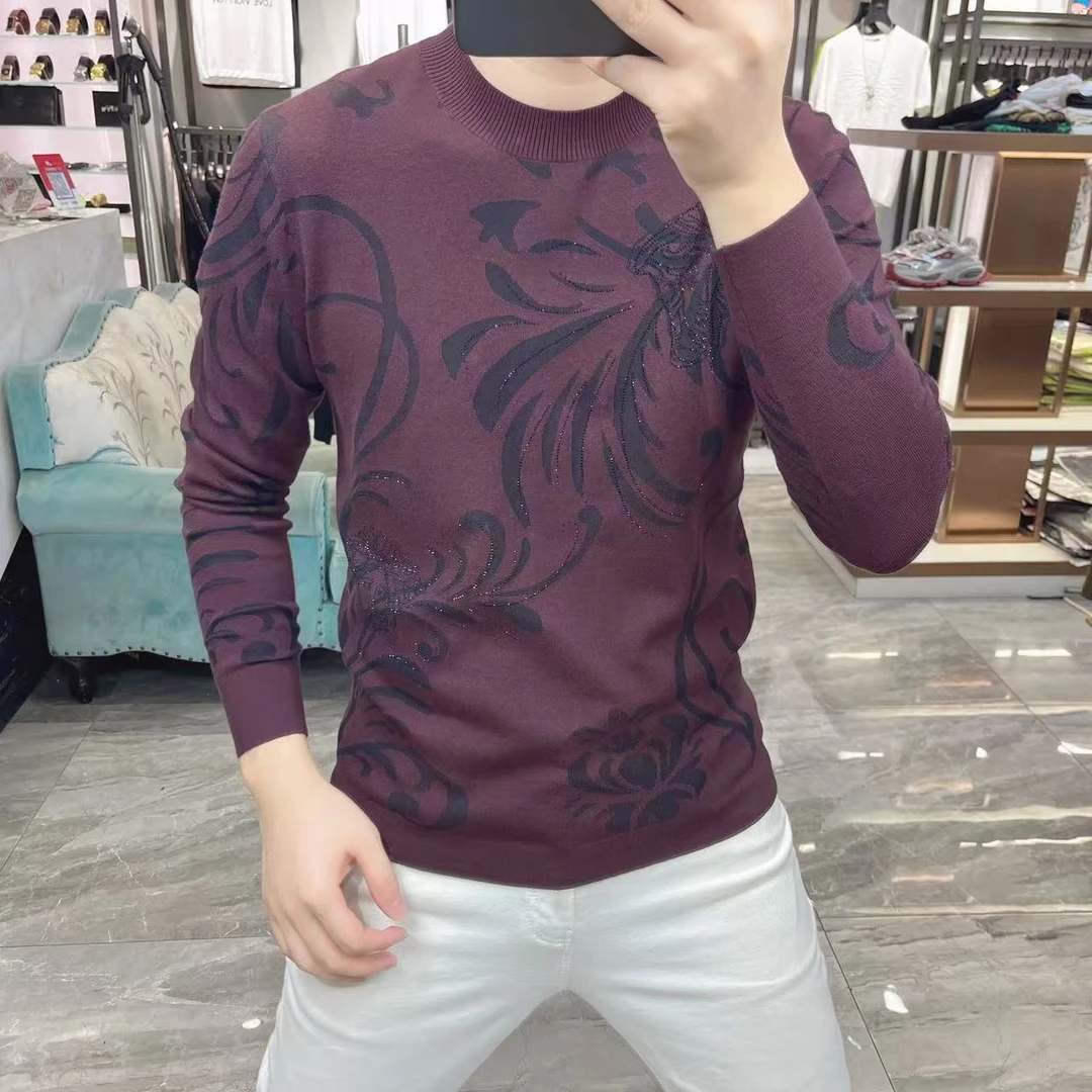 【断码特价】春秋薄款针织长袖毛衣男提花百搭修身轻奢男装打底衫潮