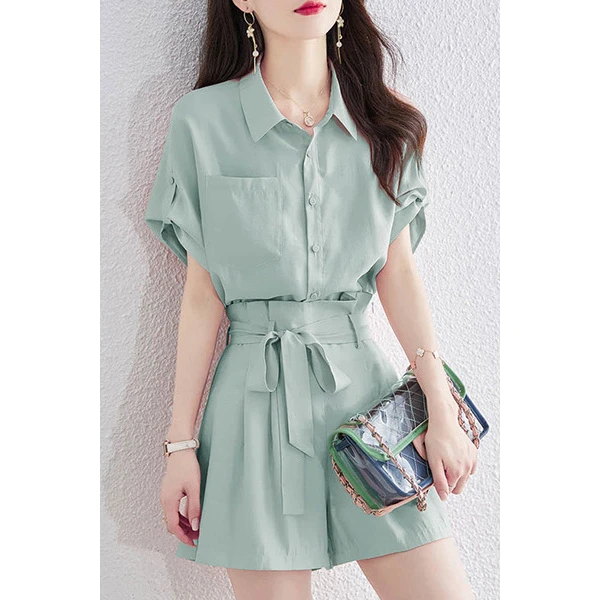 气质短袖衬衫女宽松衬衣+设计感高腰阔腿短裤时尚套装好气质休闲