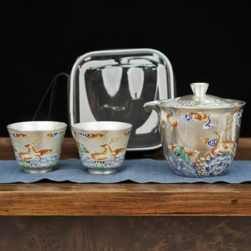 银盖碗【周鸿杰】小鹿盖碗【皇杰造物】2杯-旅行套C0556鎏银