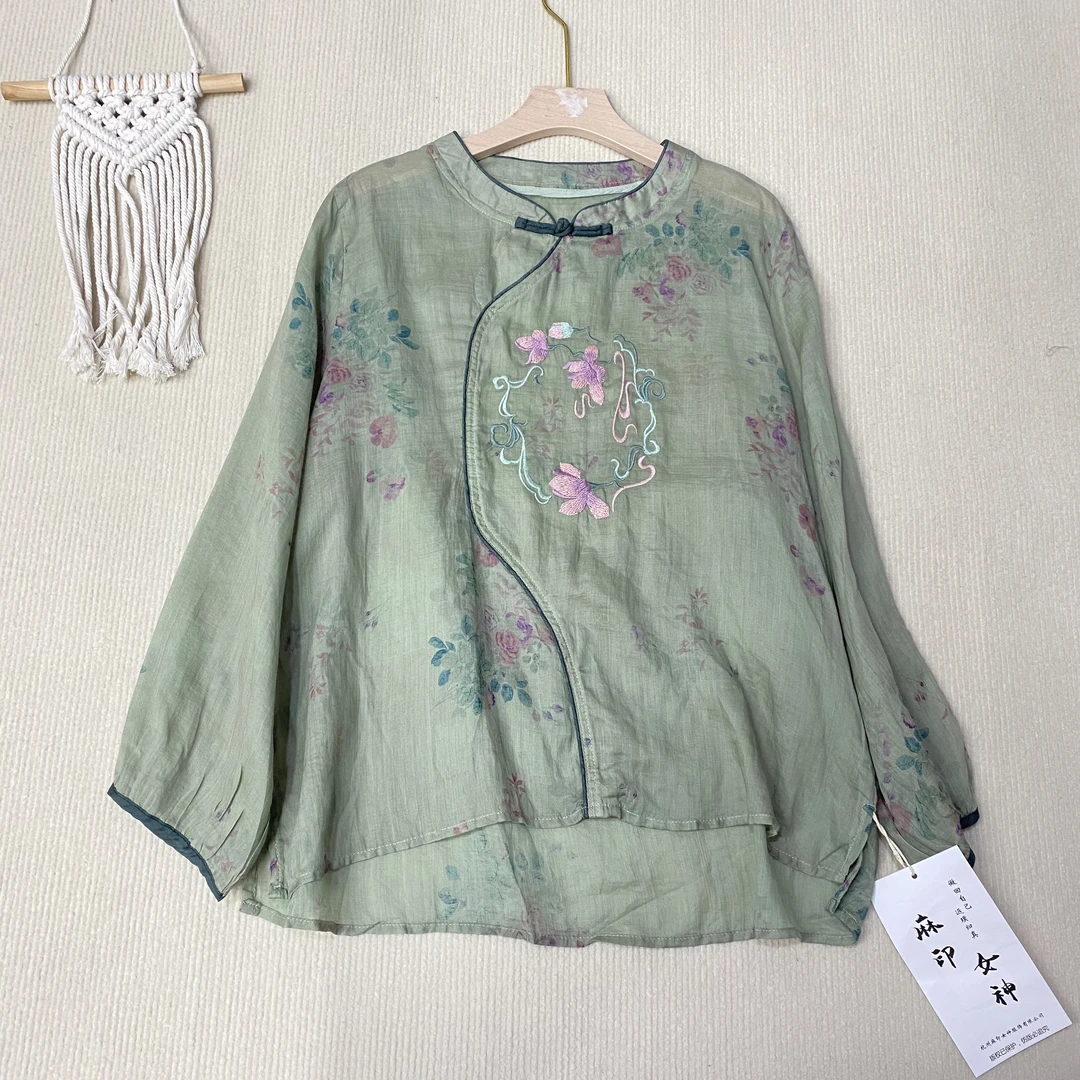 新中式宽松苎麻小衫刺绣圆领碎花长袖上衣2162肩40胸112长65