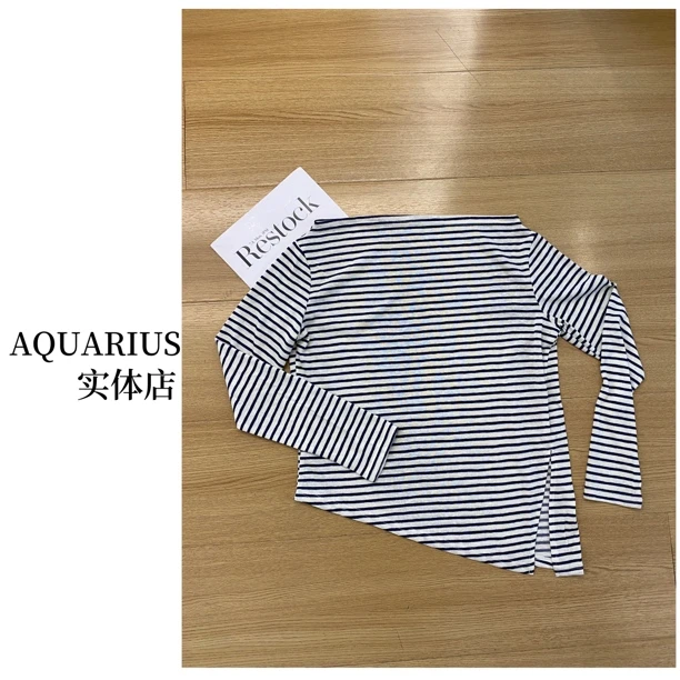 【AQUARIUS 】（探索自我）一字肩条纹长袖上衣6077