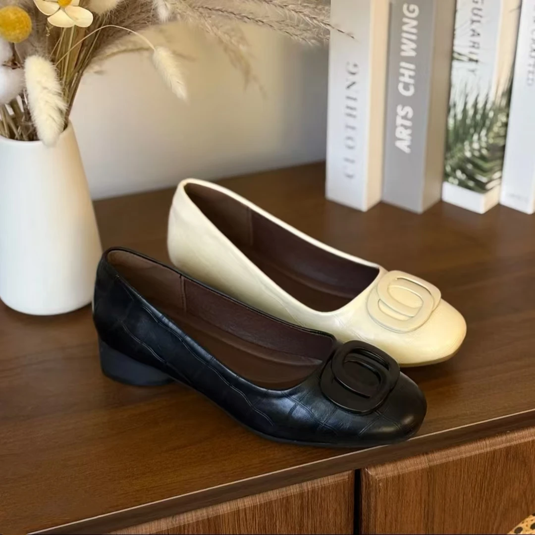 25年新款圆头浅口单鞋女软底软面粗跟百搭气质时尚