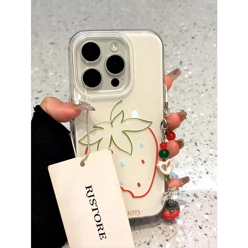 奥菲顿简约草莓挂绳适用iPhone16大孔手机壳华为vivo小米15oppo套