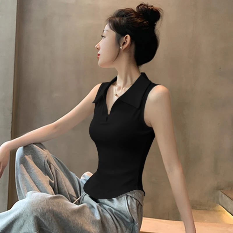 黑色POLO领外穿吊带背心女2025夏季新款无袖设计感小众内搭上衣服