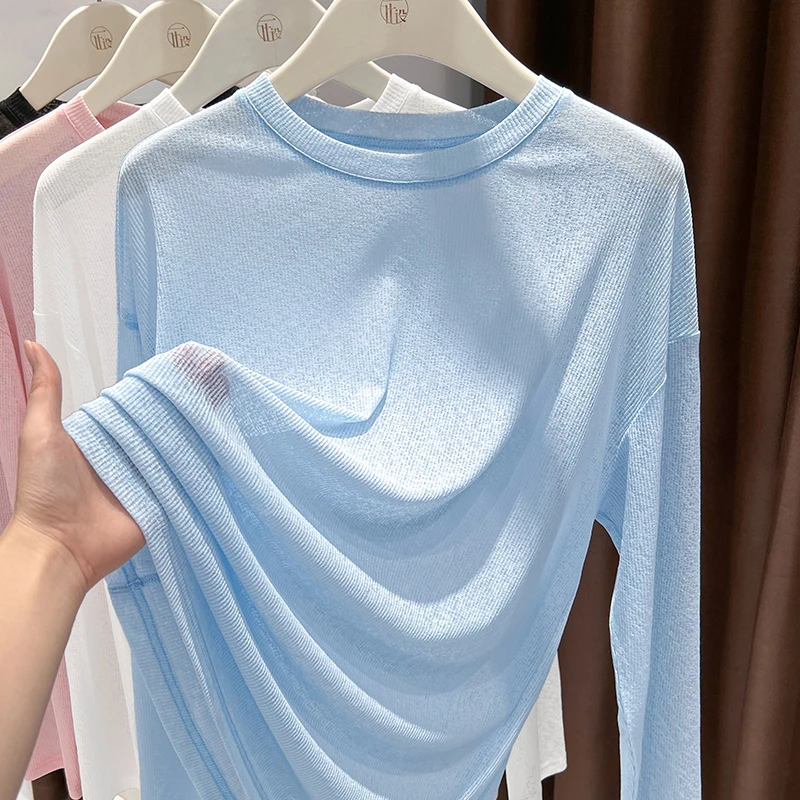 蓝色透视冰丝针织防晒罩衫女夏薄纱长袖T恤打底衫宽松慵懒感上衣