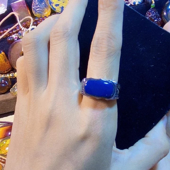 蓝珀银S925镶嵌珠宝奇石多米尼加蓝珀戒指