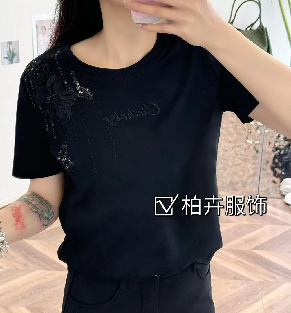 【柏卉服饰】立体花朵亮片短袖