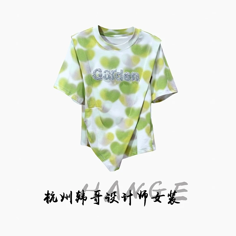 【韩哥女装】欧版设计绿黄爱心波点印花拼接收腰显瘦短袖 7953