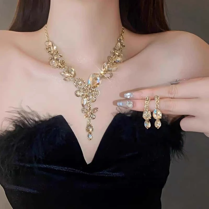 合金仿水晶项链 金色耳饰项链婚纱晚礼服千金配饰女新娘锁骨颈链