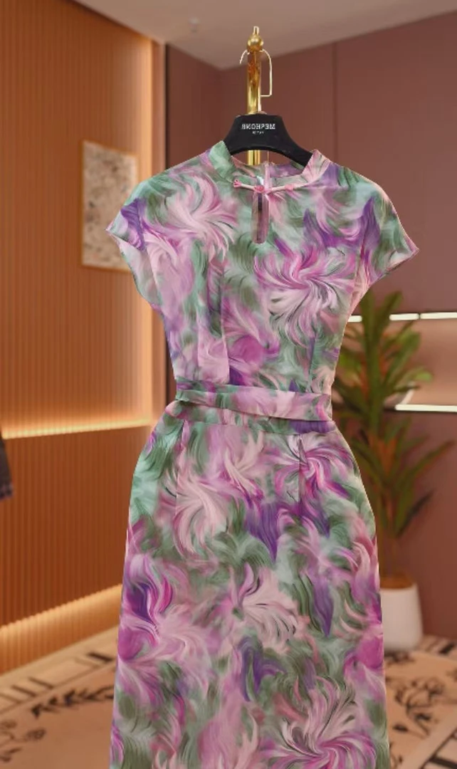 YS-【莫奈花园】2025水滴领紫色旗袍连衣裙