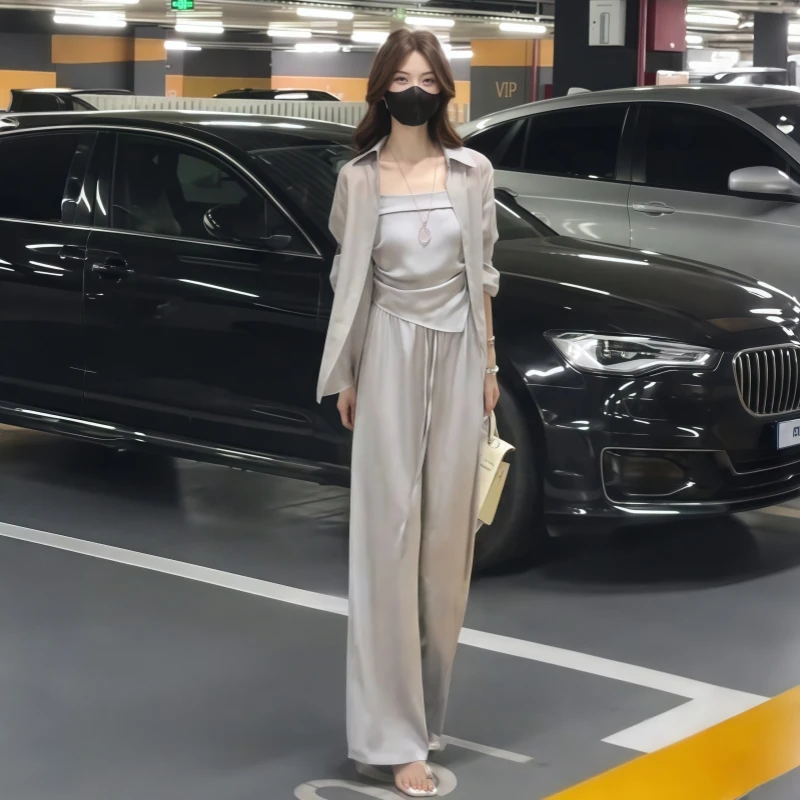 2025夏季新款女士灰色防晒时尚套装背心衬衫阔腿裤松弛休闲三件套