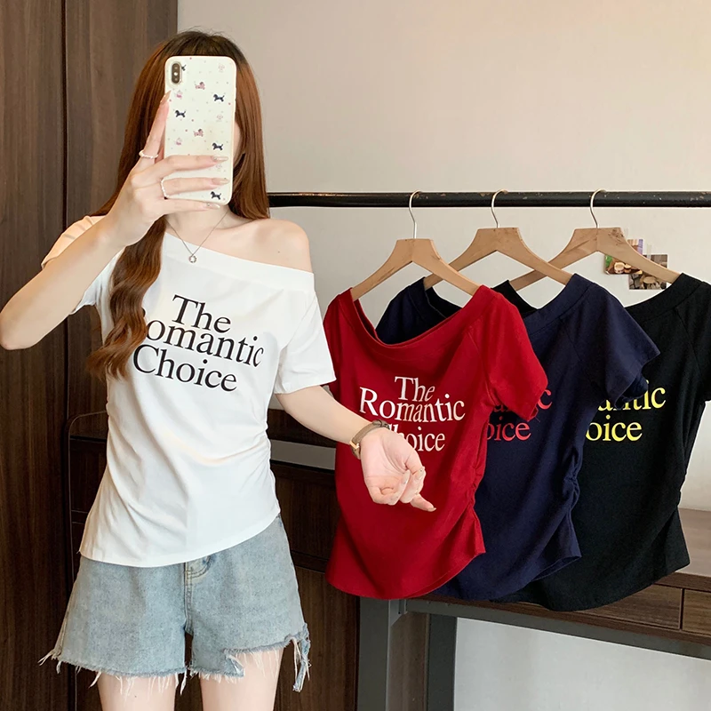 2025夏装新款胖mm大码女斜领字母印花不规则别致短袖T恤35589