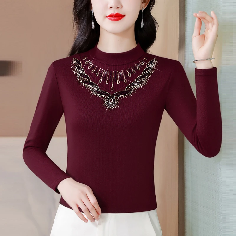 半高领加绒加厚网纱上衣女秋冬季新款长袖t恤打底衫保暖内搭小衫