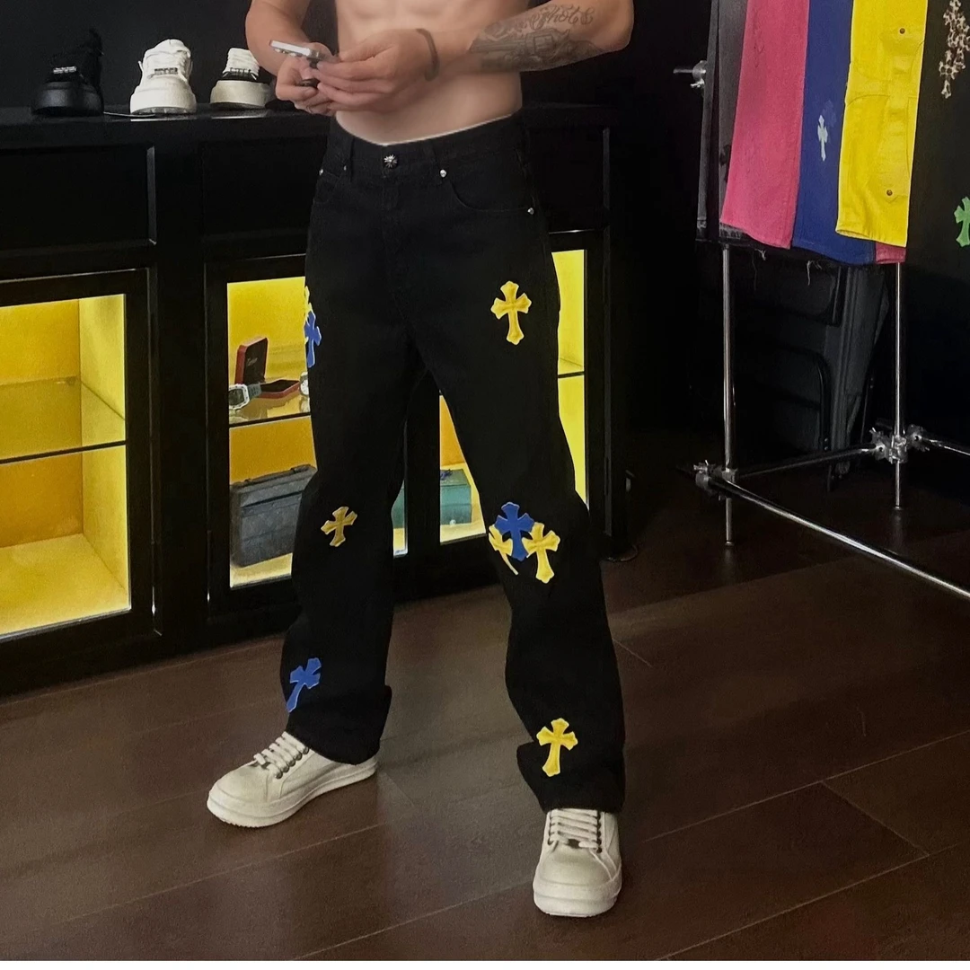 【壹楠】克家十字标.时尚美式高街直筒十字架牛仔裤-KLX-CH667291