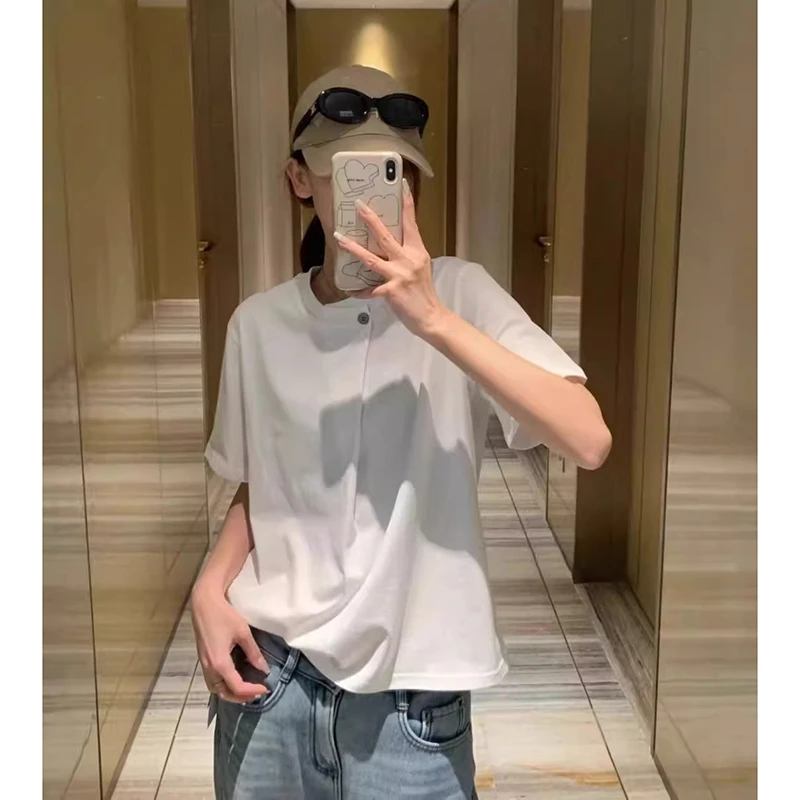 夏季纯棉短袖圆领白色T恤ins韩版百搭宽松潮流纽扣女显瘦上衣