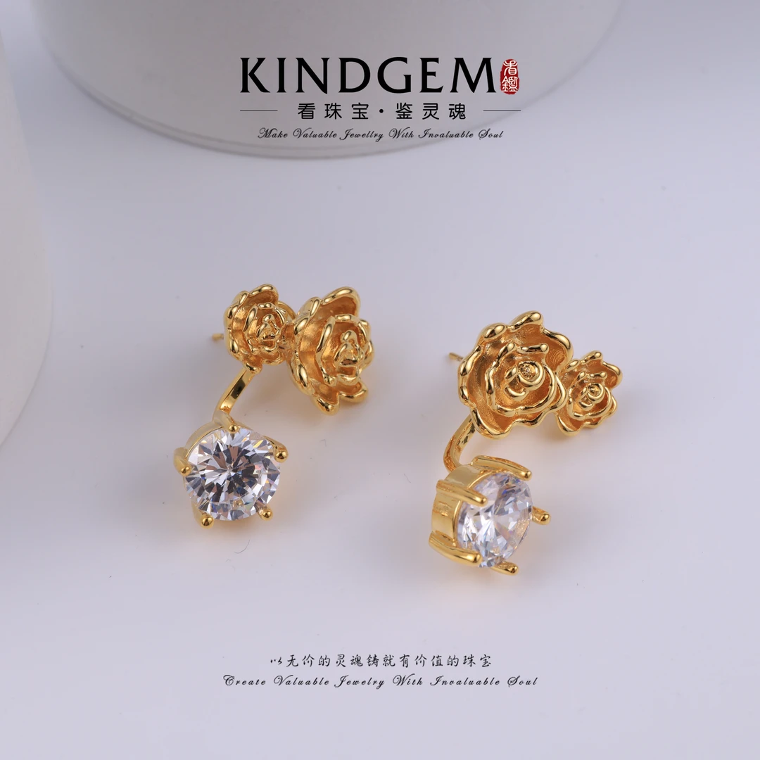铜合金锆石耳饰 KindGem 金色花花设计款时尚气质耳环 C-36533