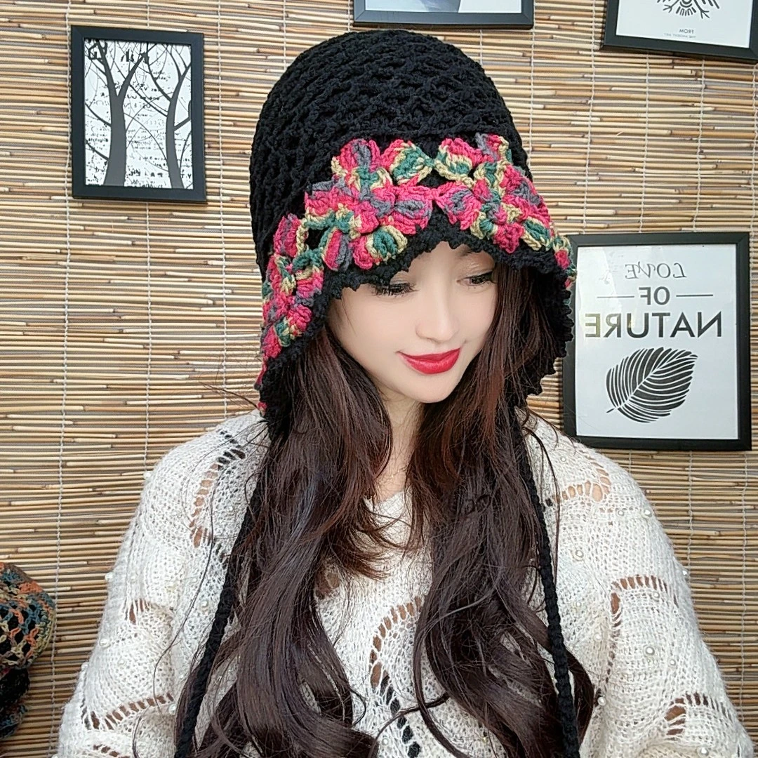 新款秋冬（牛奶棉彩色芙蓉花小辫）女针织包头帽流苏休闲风保暖