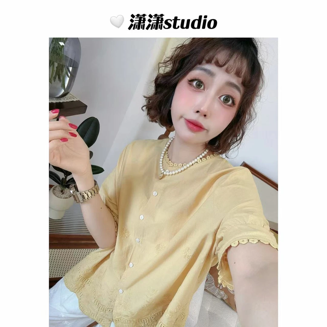 【仲夏夜花园】潇潇定制棉布料下摆刺绣花边简约百搭半袖衬衣XM1139