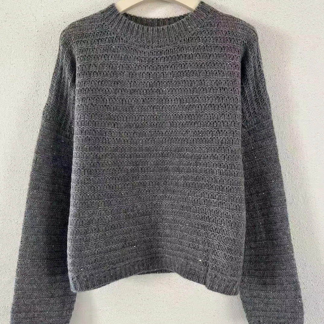 红 秋冬新款女圆领宽松长袖纯色套头针织衫亮闪显瘦羊毛衫