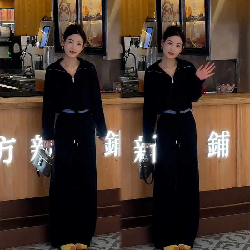 法式纯欲风气质拼接撞色小V领上衣秋季直筒阔腿休闲长裤两件套装