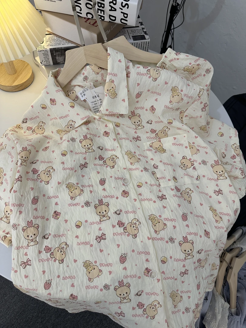 ins少女甜美可爱卡通轻松熊印花睡衣女夏季新款宽松家居服可外穿
