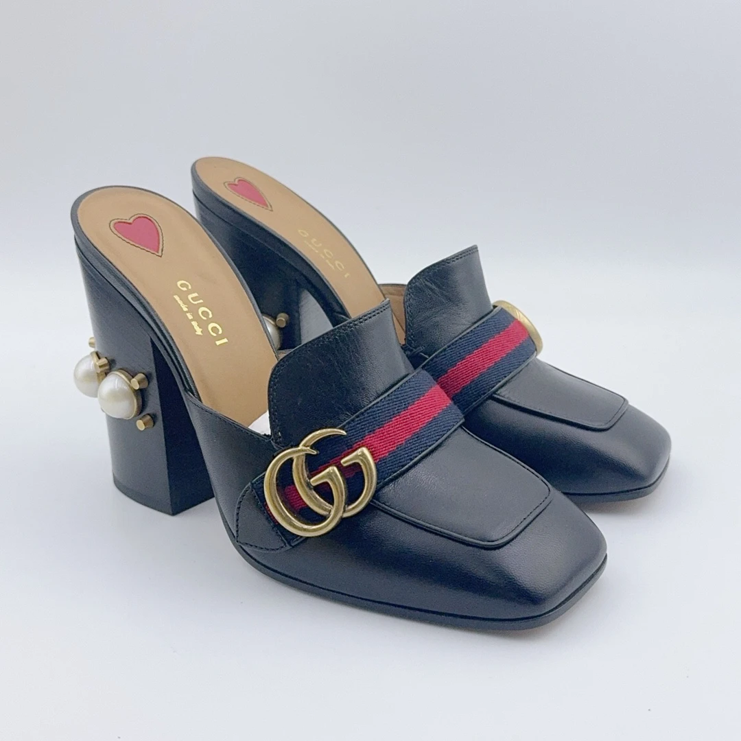 全新未使用 GUCCI/古驰 38码/珍珠铆钉乐福半拖/ys00454