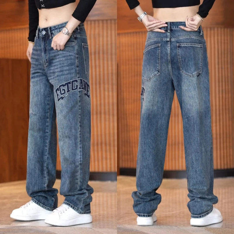 美式刺绣男士牛仔裤2025新款宽松休闲男裤子水洗百搭做旧直筒长裤