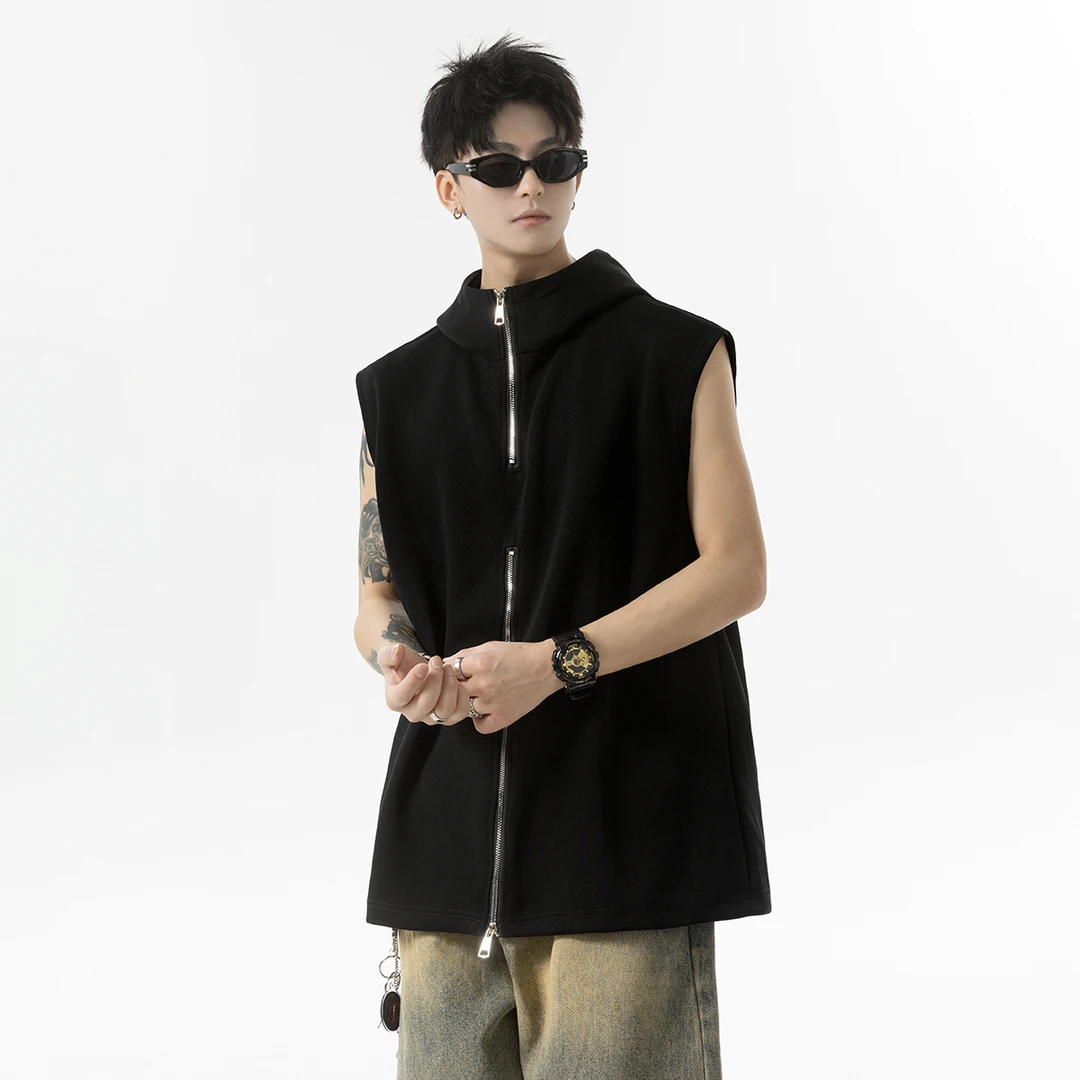 V37 美式高街连帽背心男2025夏季新款拉链设计感宽松外穿无袖外套
