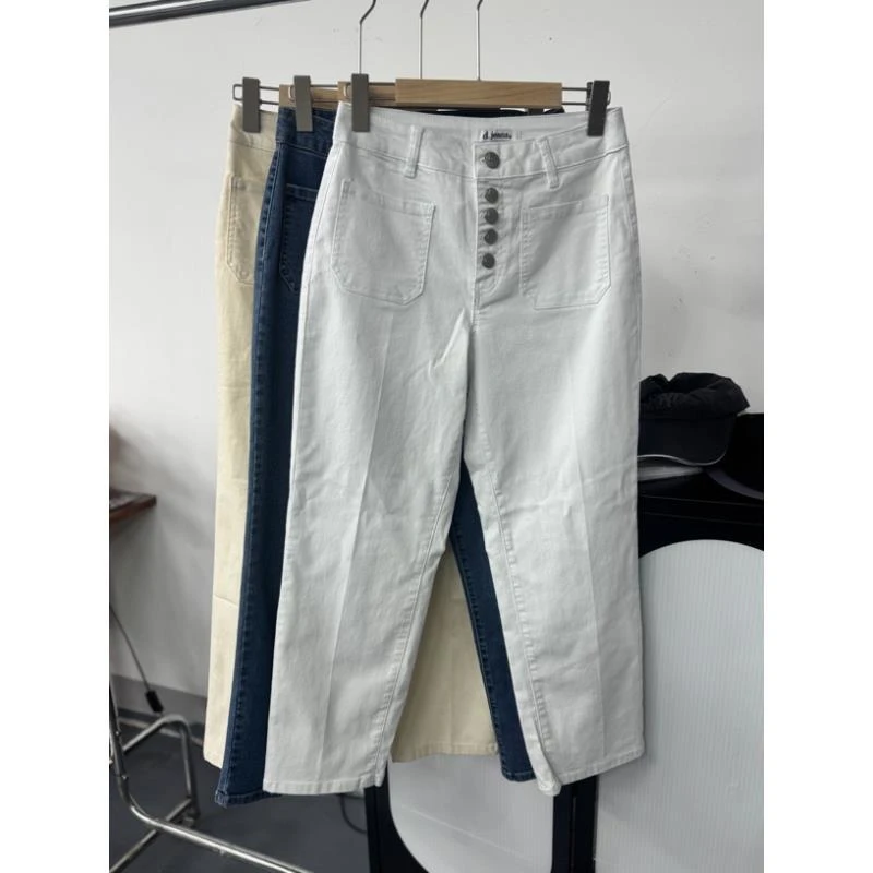 5872时尚夏季薄款软牛仔四排扣九分休闲小脚裤