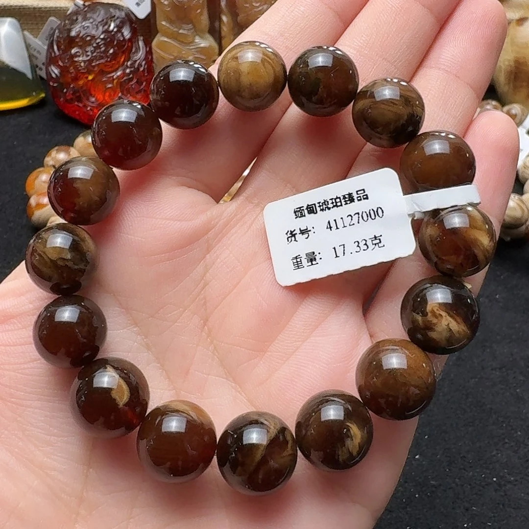 琥珀未镶嵌珠宝奇石12.5mm咖啡蜜白蜡溶洞饭圈