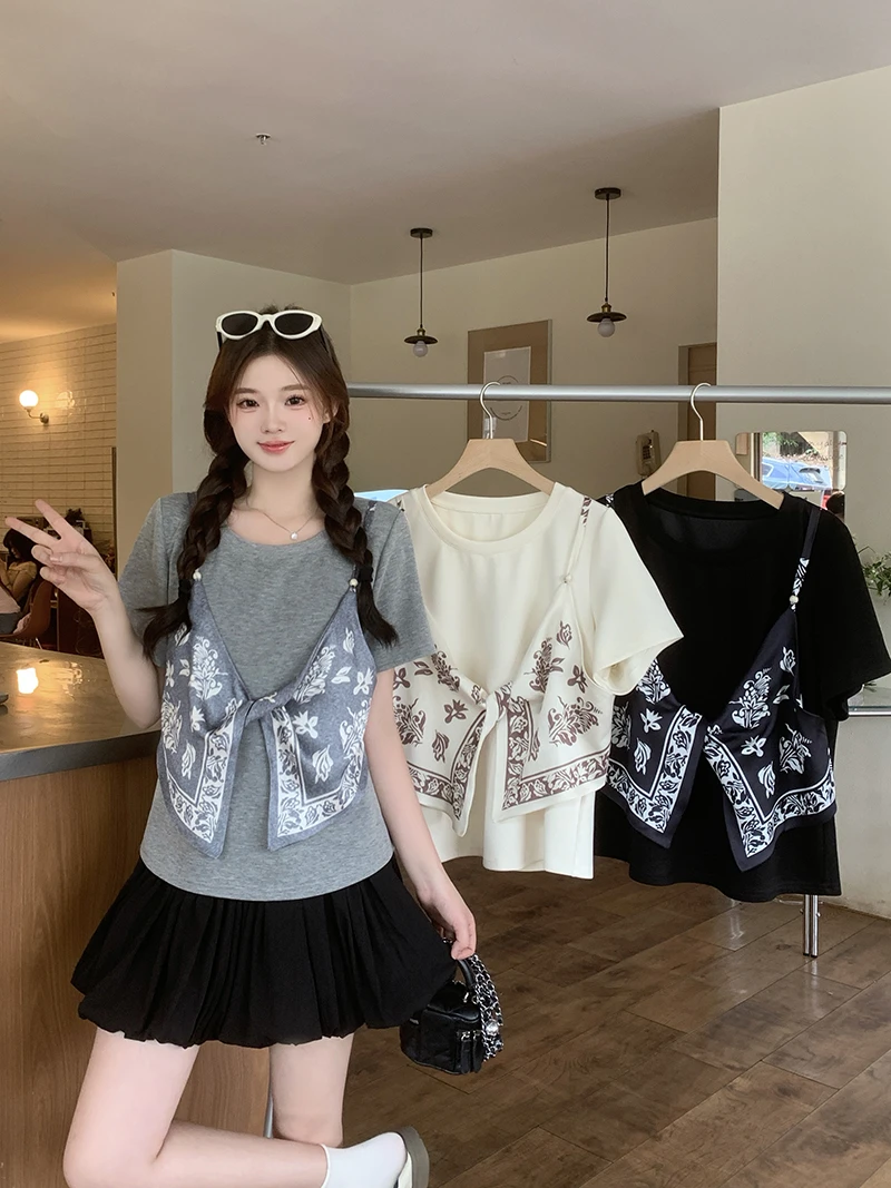 2025夏装新款胖mm大码女别致拼接蝴蝶结印花气质短袖T恤 A1422