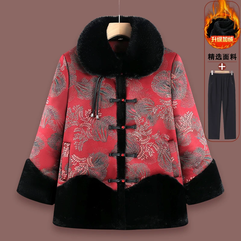 老年人奶奶冬装外套女妈妈保暖毛领大衣加绒加厚中式国风老人棉袄