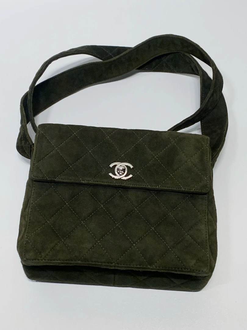 99新 Chanel/香奈儿 Chanel 墨绿色麂皮银扣菱格单肩包 4开JL