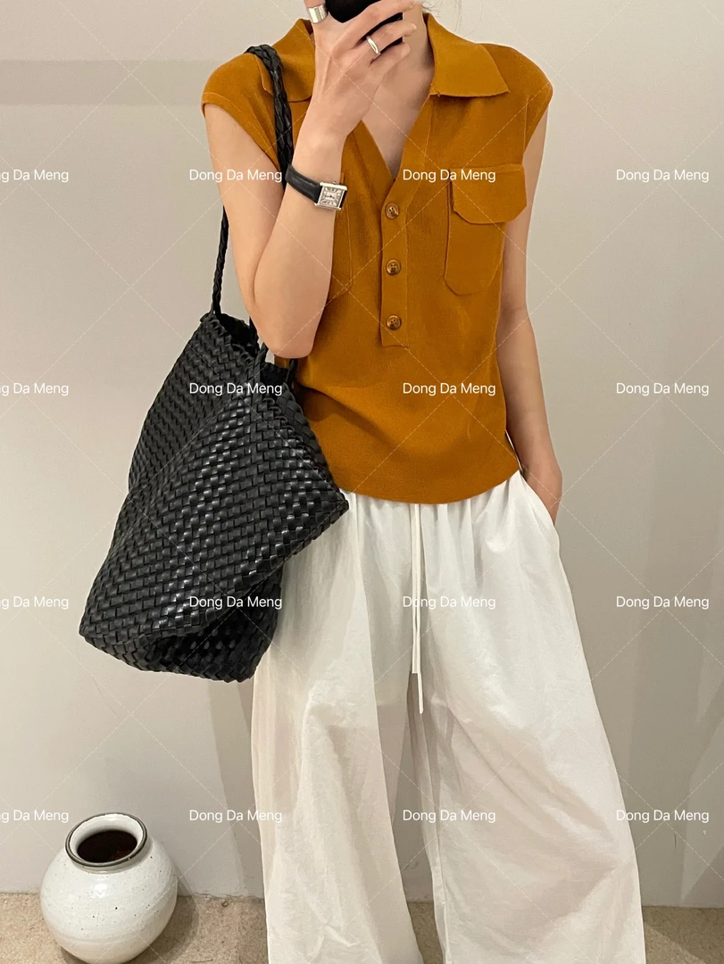 1907宽松百搭简约无袖针织休闲气质polo领上衣