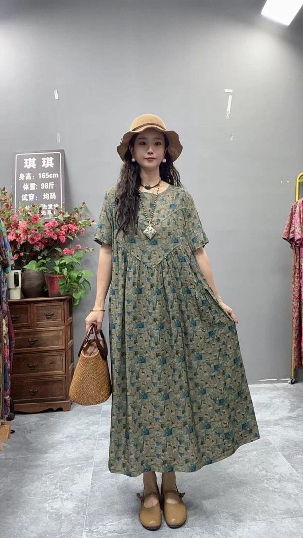 5238夏季新款显瘦气质时尚女百搭休闲文艺复古印花洋气宽松连衣裙