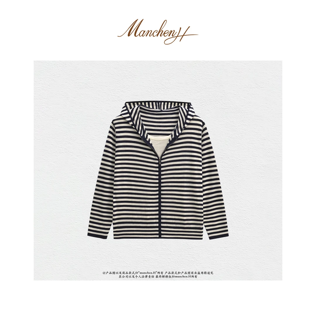 曼辰manchenh“舒适海岸”全精纺丝羊毛16针假两件条纹连帽开衫