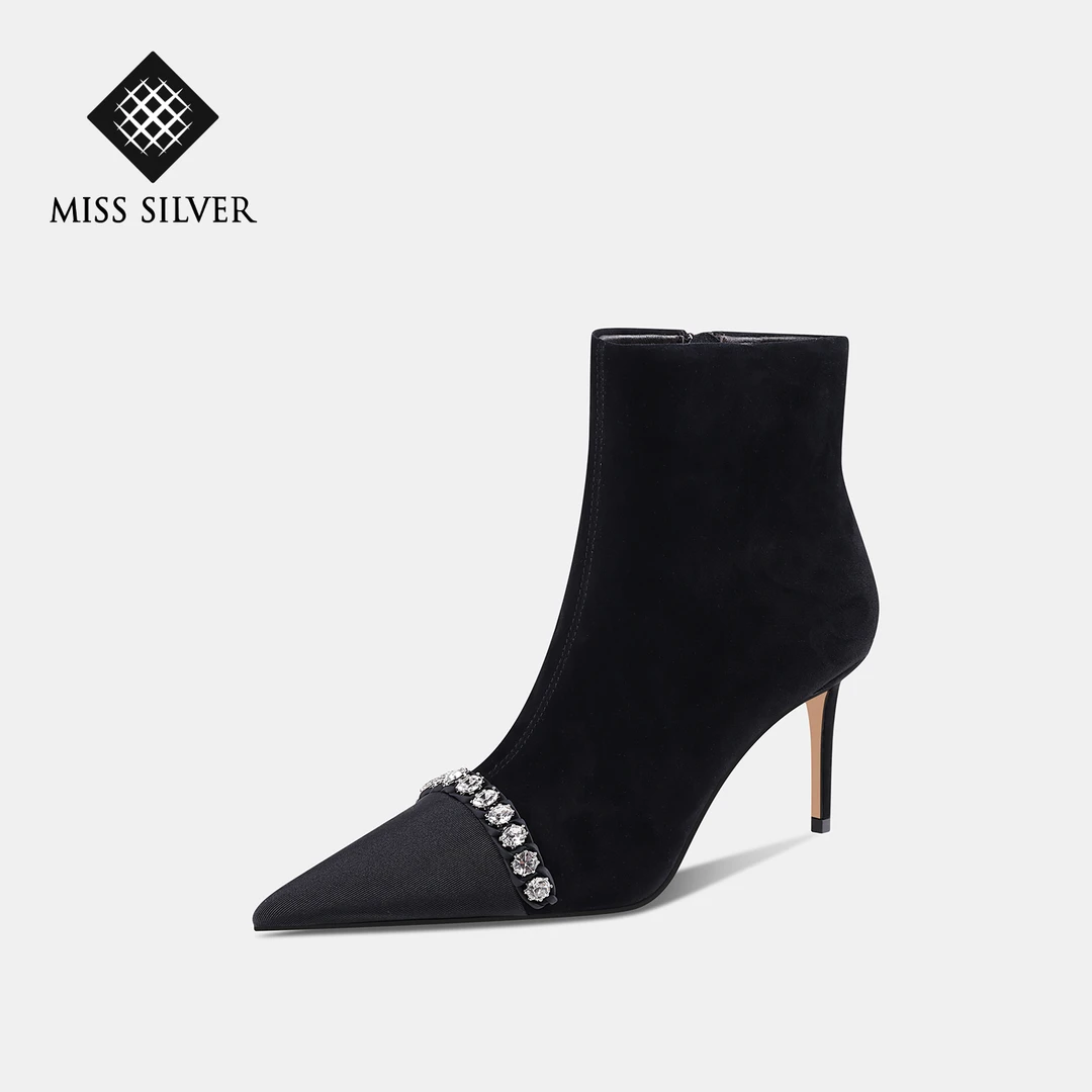 MISSSILVER弹力不累脚高跟靴尖头水钻弹力靴黑色气质女靴高跟