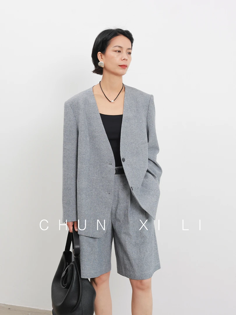 【高知西装】CHUNXILI/春熙里 春秋小众设计感V领西装 D03W51012