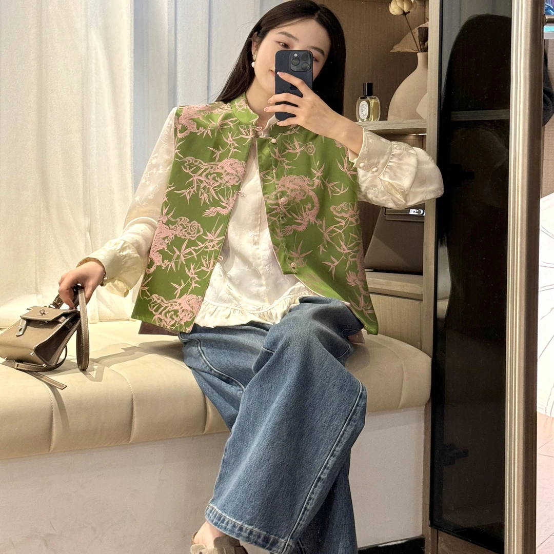 柚子yours【玉竹报春】新品桑蚕丝羊毛国风提花双面穿立领马甲女