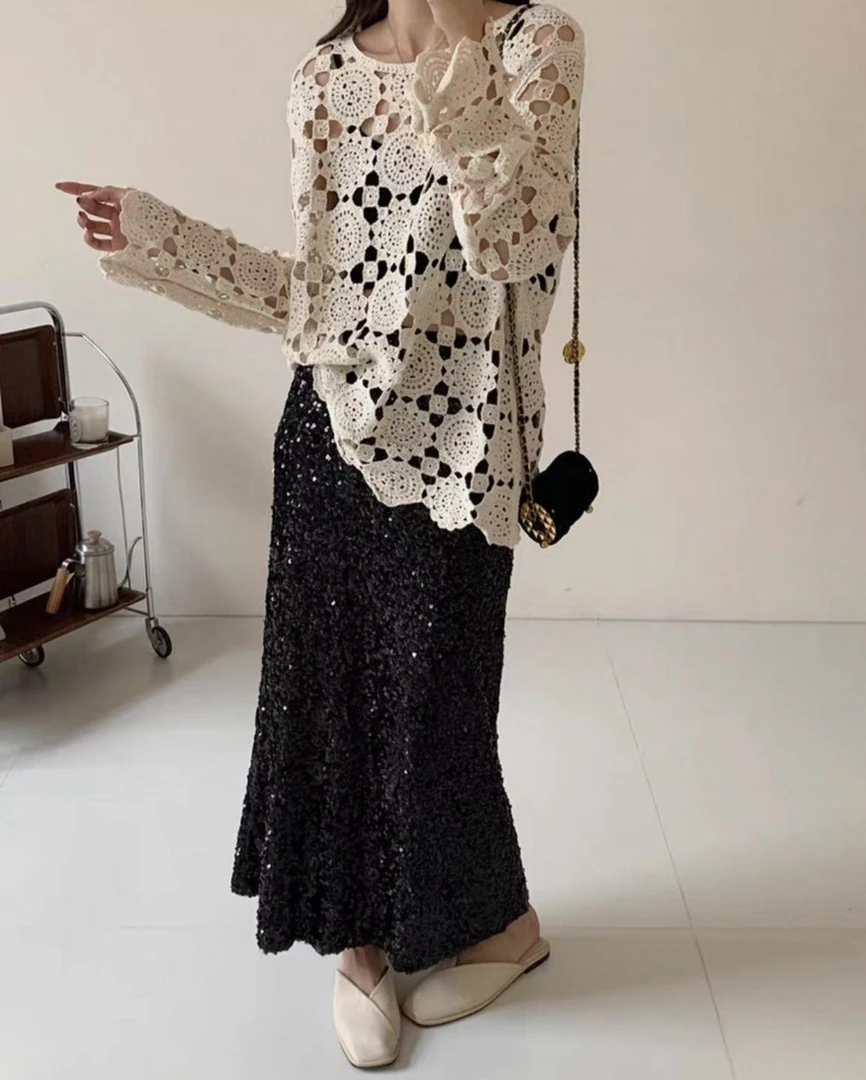 Manmi 设计款松紧腰亮片半身裙 96051（K4）